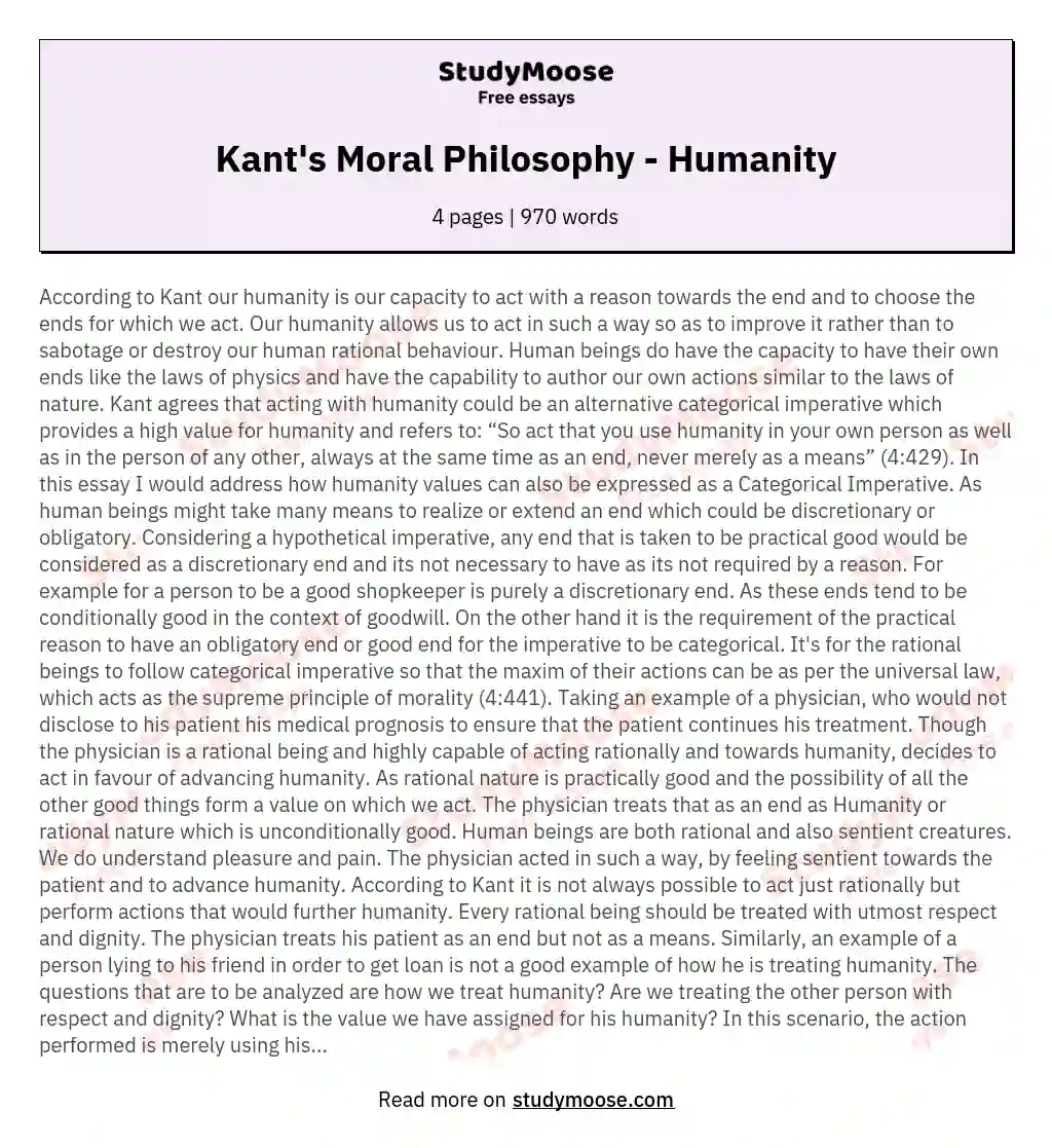 Kant's Moral Philosophy - Humanity essay