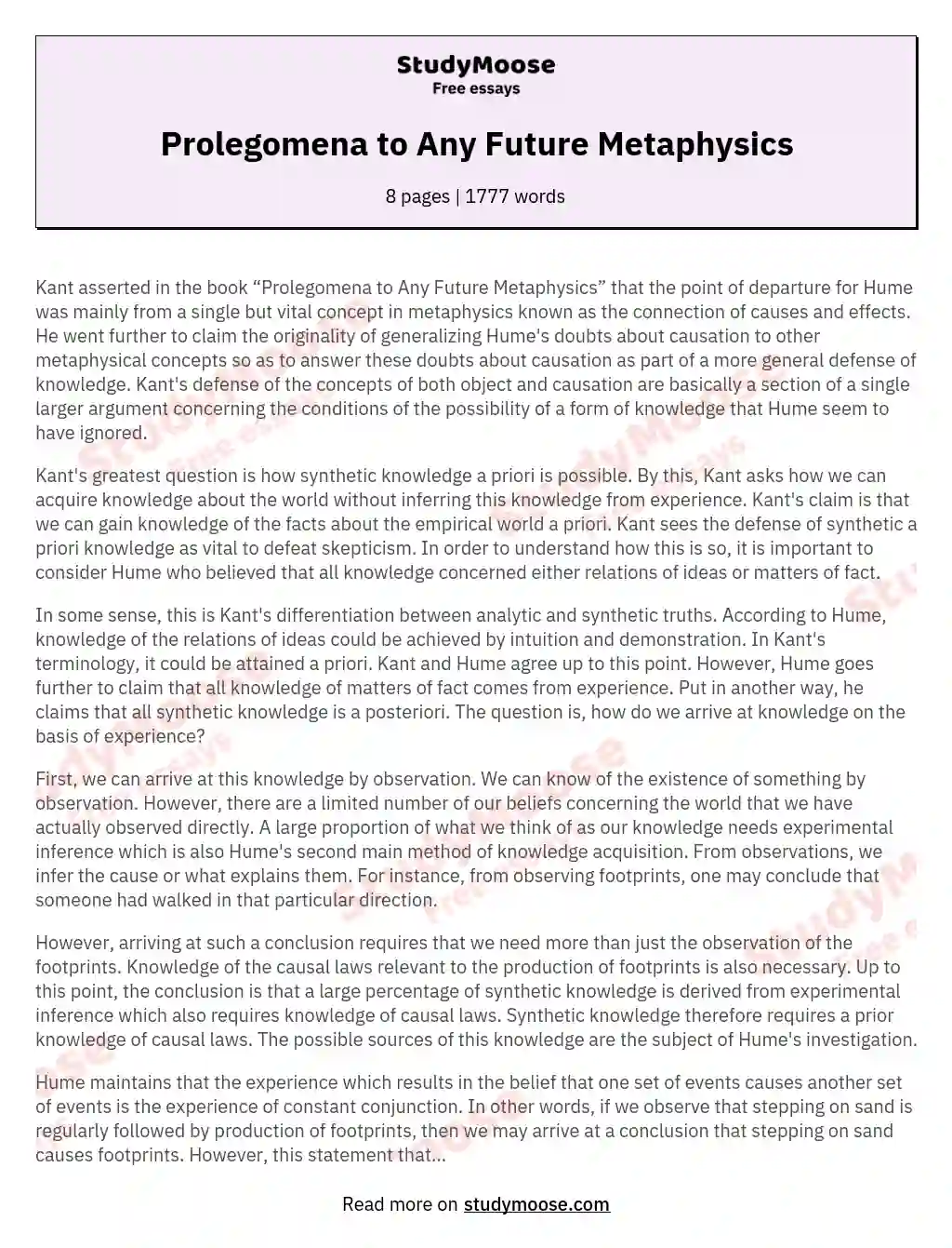 Prolegomena to Any Future Metaphysics essay