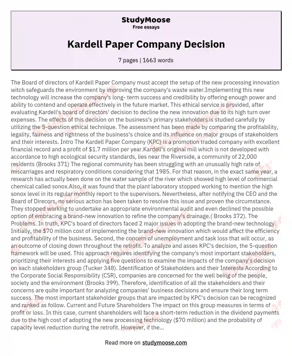 Kardell Paper Company Decision essay