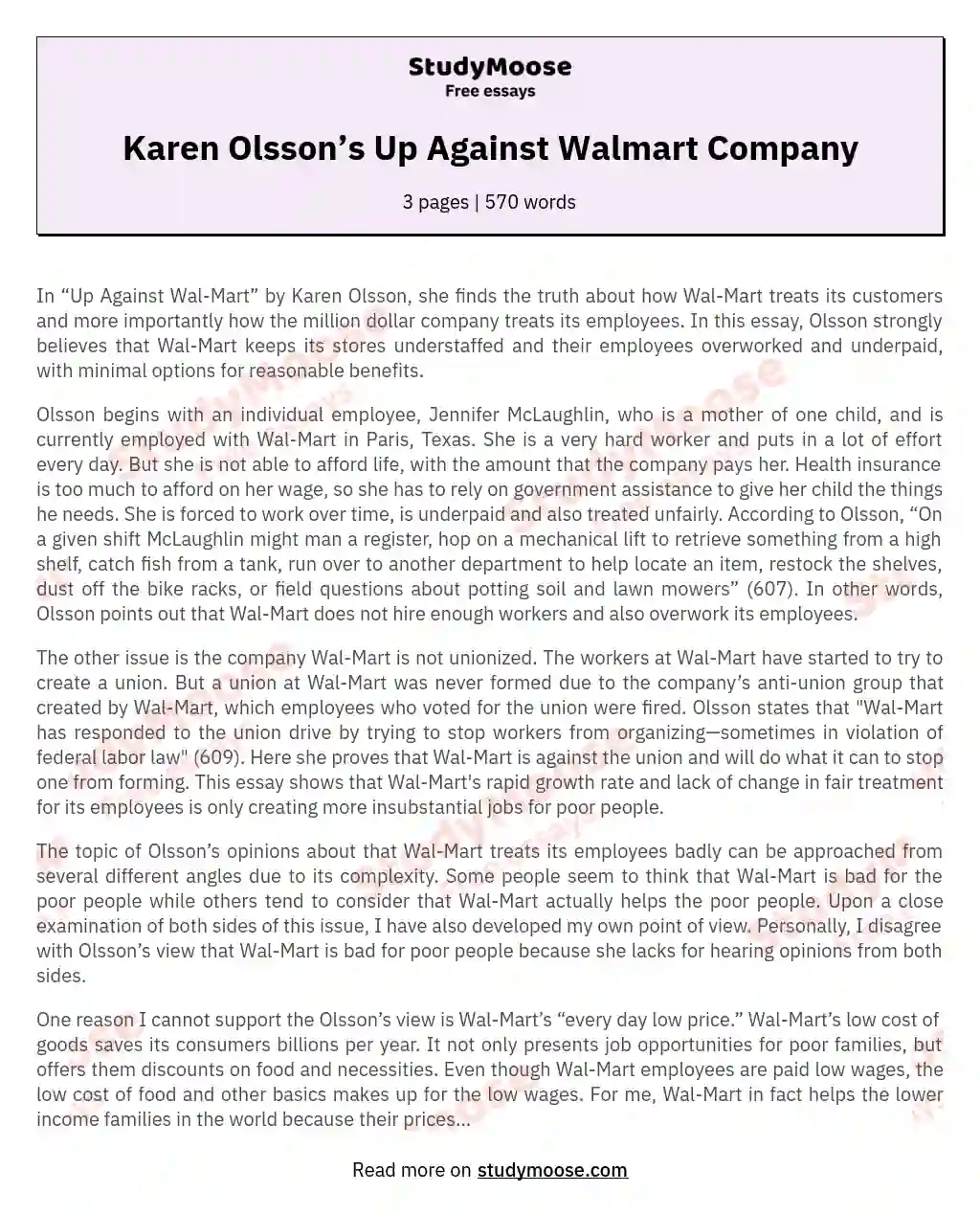 Karen Olsson’s Up Against Walmart Company essay