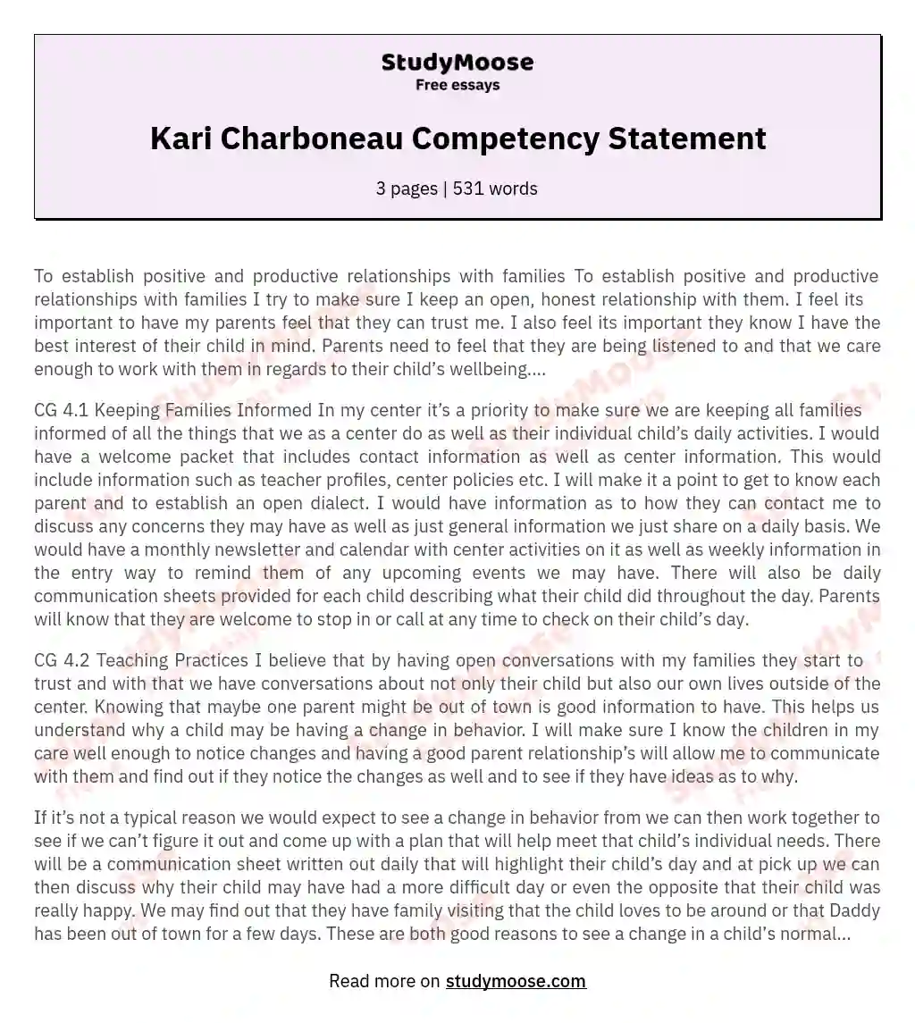 Kari Charboneau Competency Statement essay
