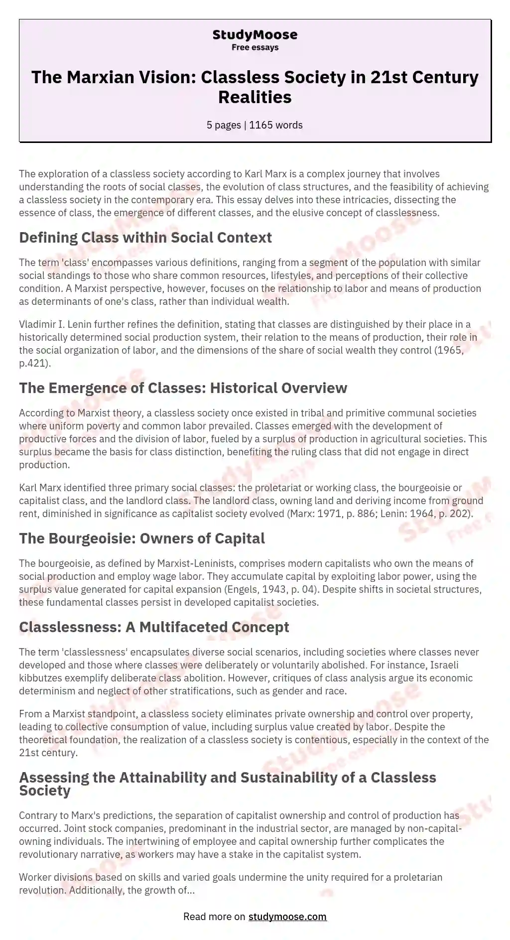 The Marxian Vision: Classless Society in 21st Century Realities essay