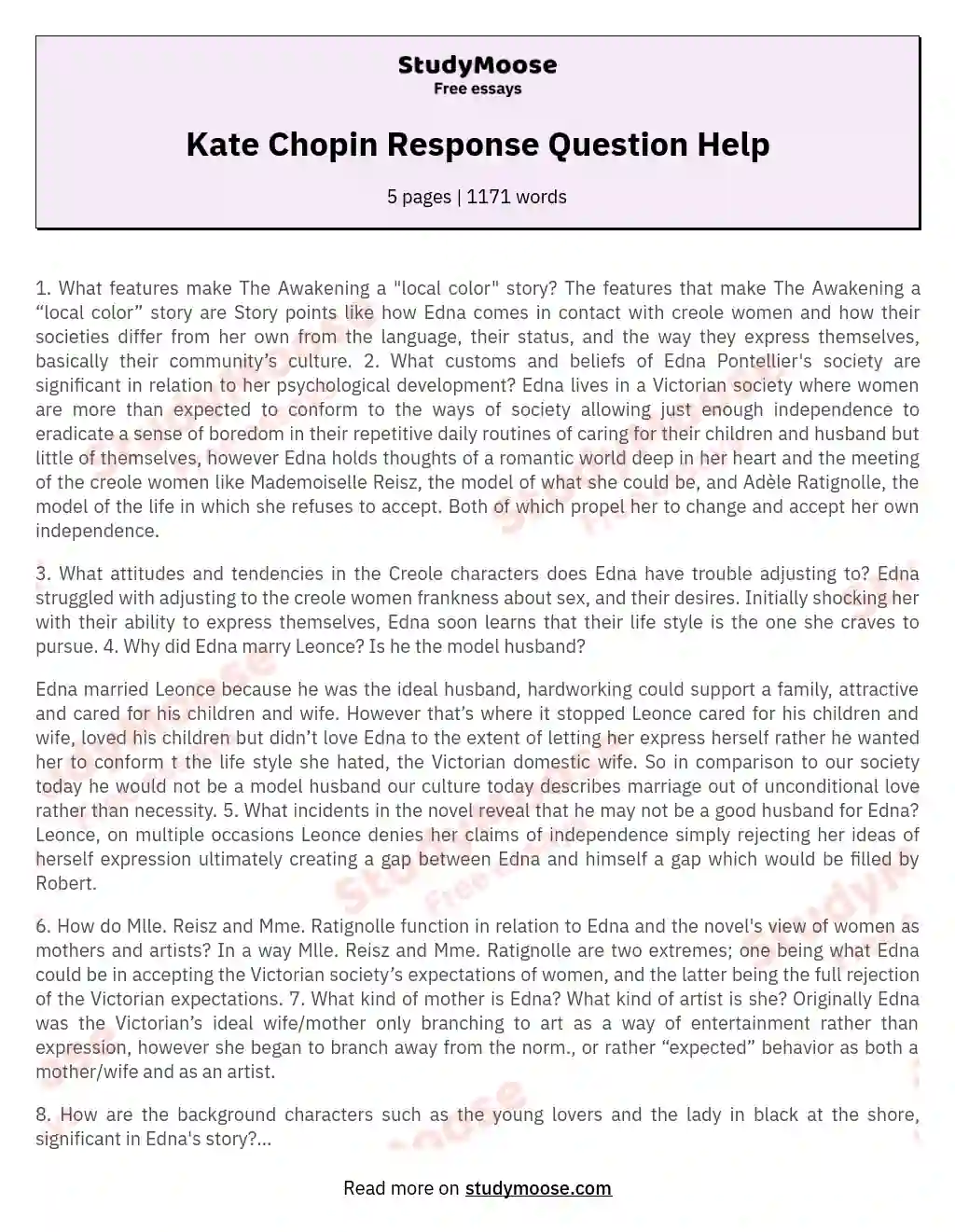 Kate Chopin Response Question Help essay