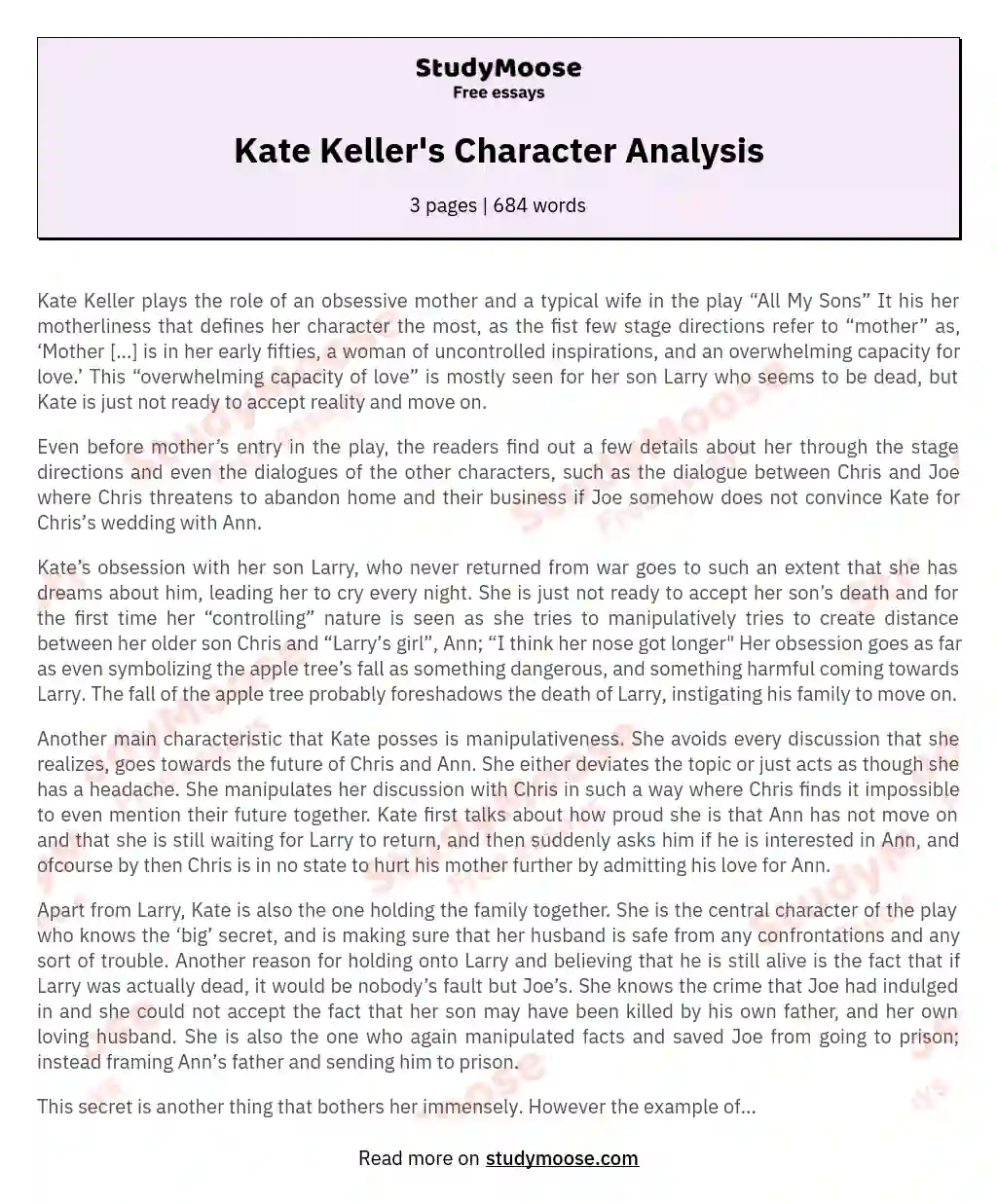 Kate Keller's Character Analysis essay