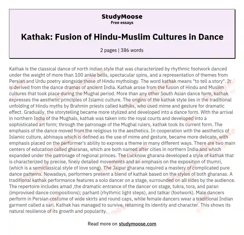Kathak: Fusion of Hindu-Muslim Cultures in Dance essay