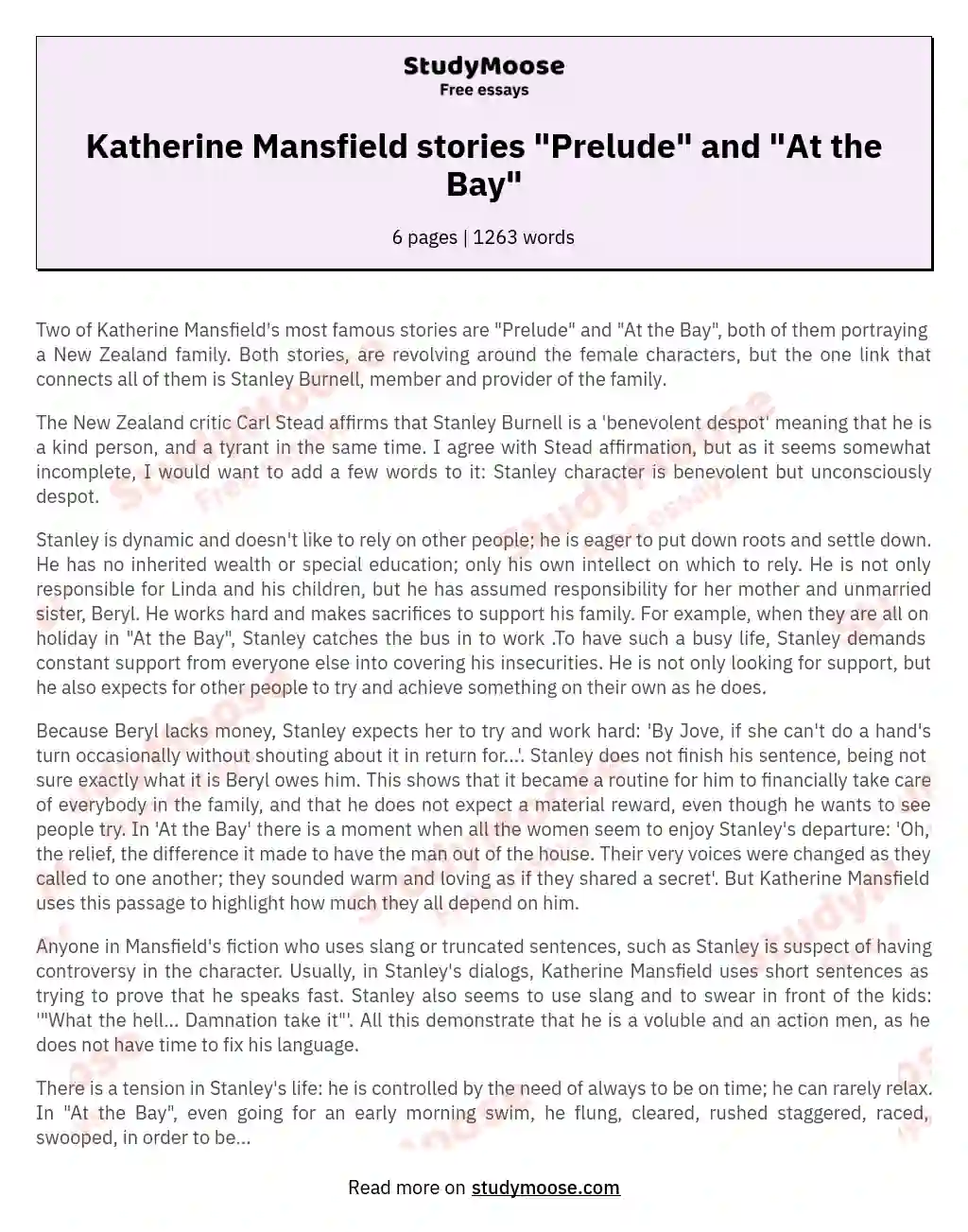 Katherine Mansfield stories "Prelude" and "At the Bay"