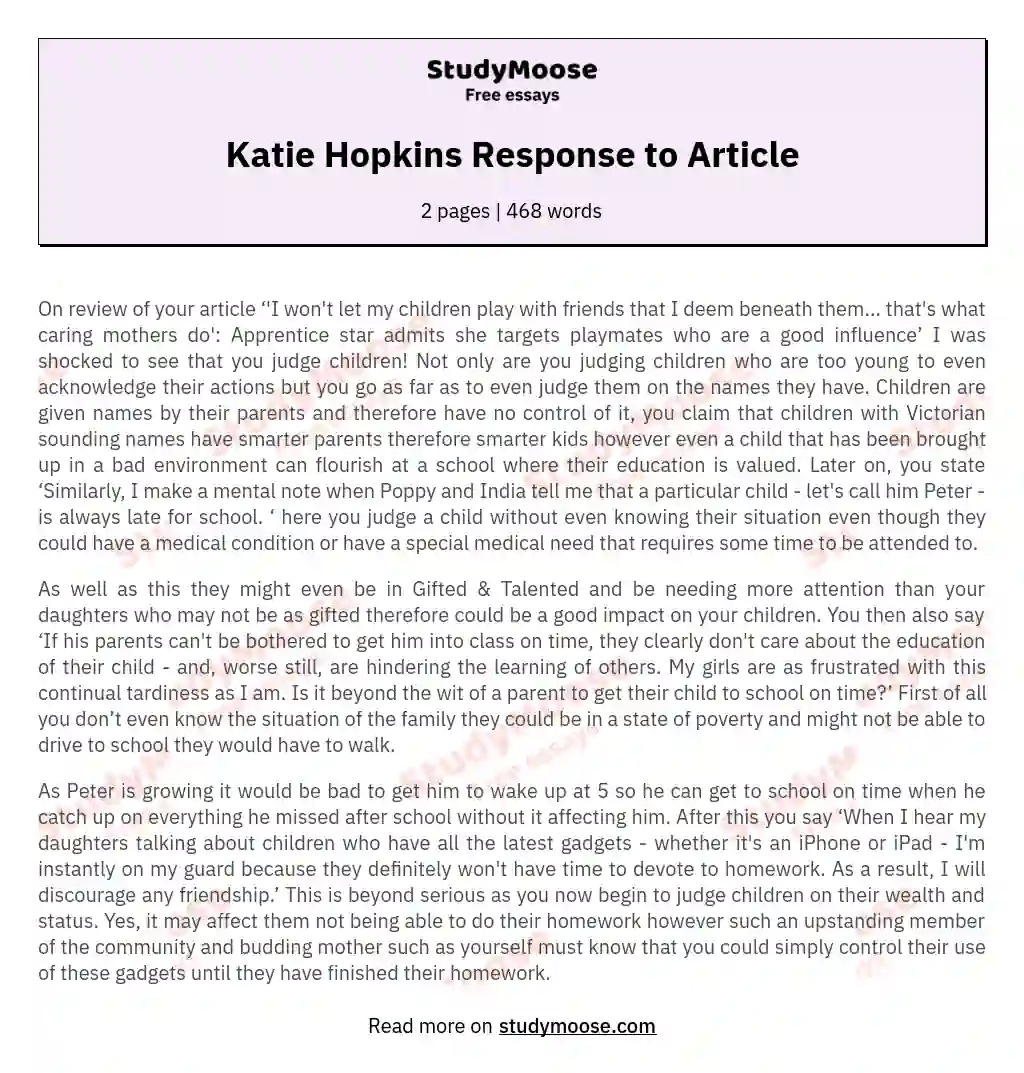 Katie Hopkins Response to Article essay