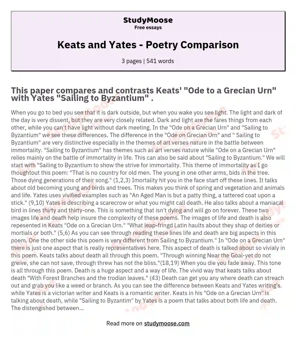 Keats and Yates - Poetry Comparison essay