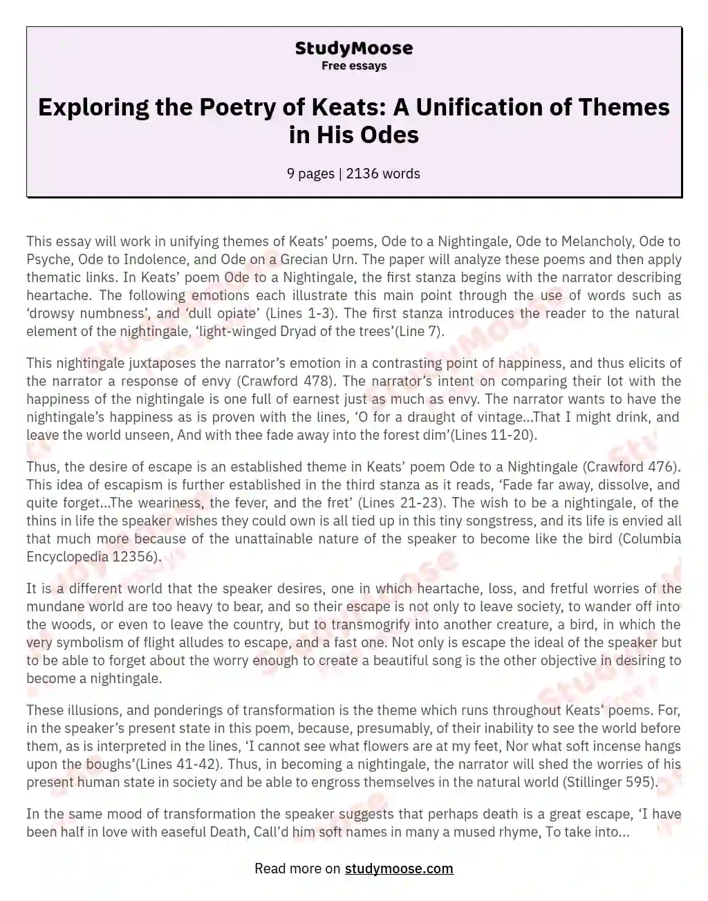 Exploring the Poetry of Keats: A Unification of Themes in His Odes essay