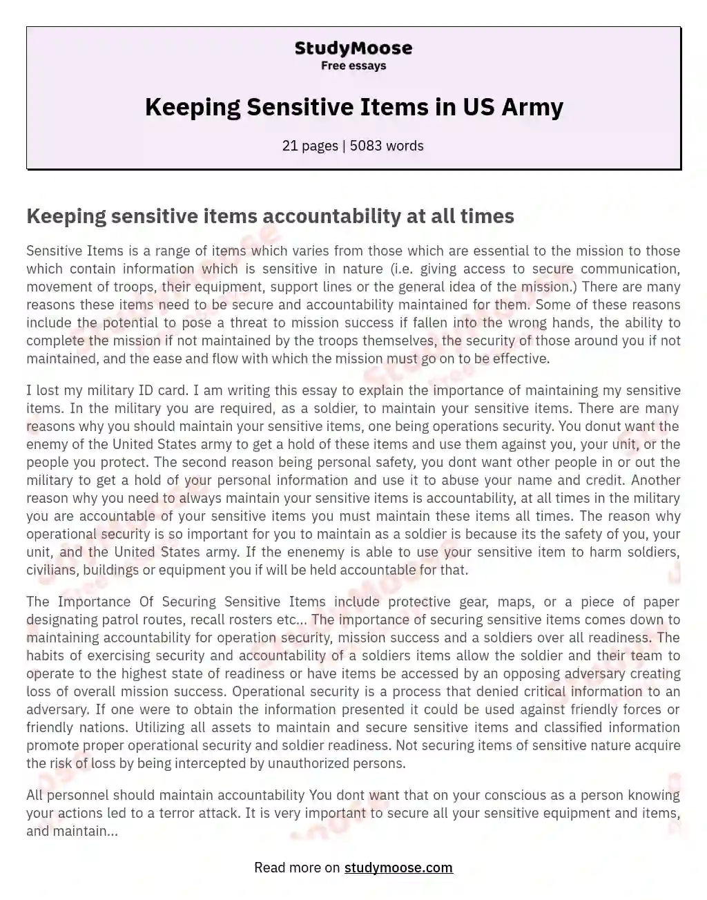 Keeping Sensitive Items in US Army essay