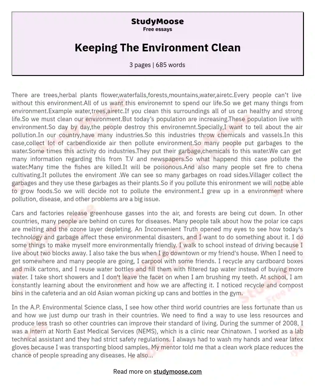 Keeping The Environment Clean essay