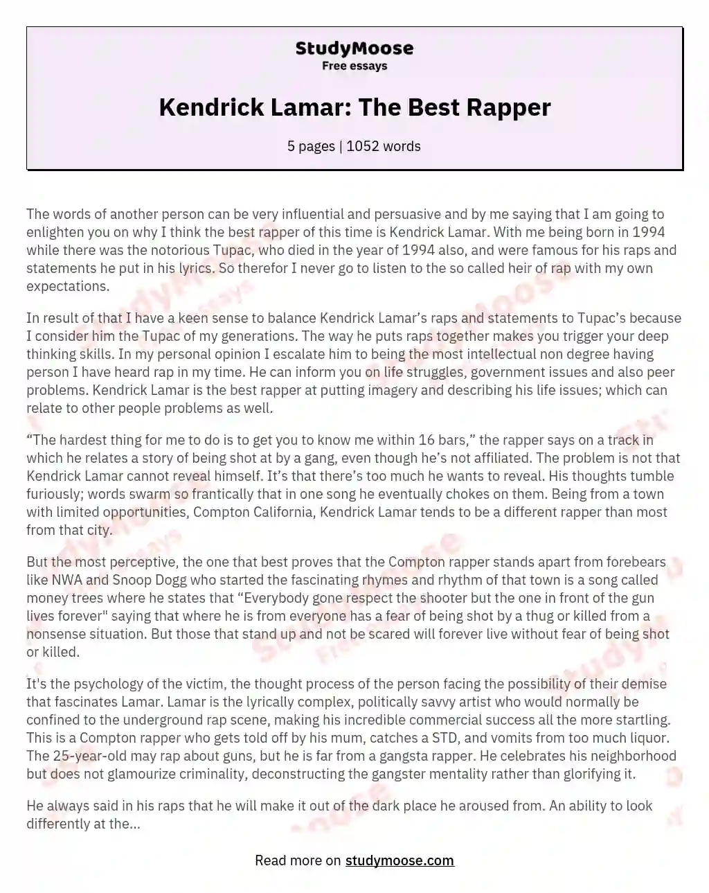Kendrick Lamar: The Best Rapper essay