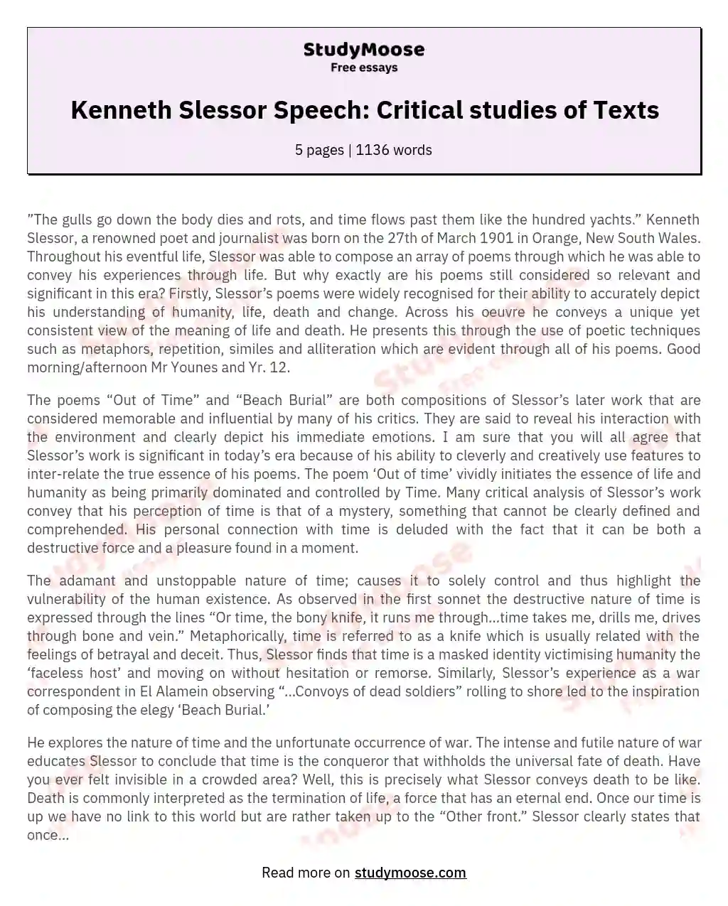 Kenneth Slessor Speech: Critical studies of Texts essay
