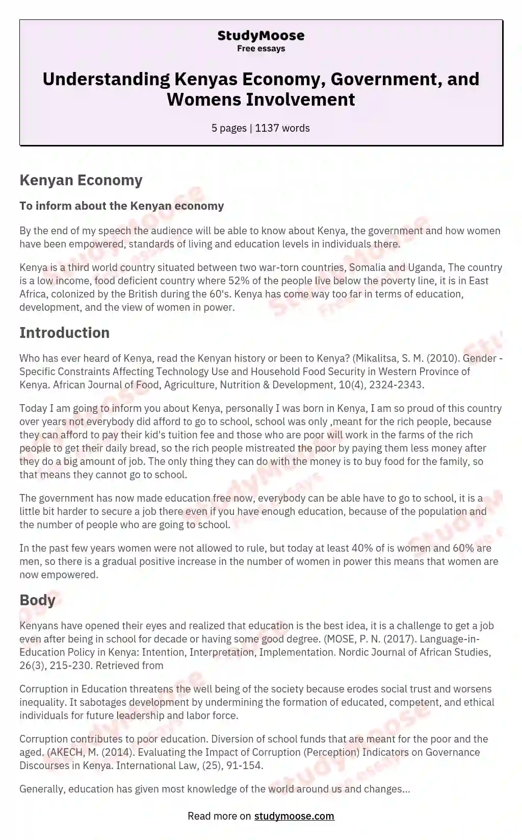 Understanding Kenyas Economy, Government, and Womens Involvement essay