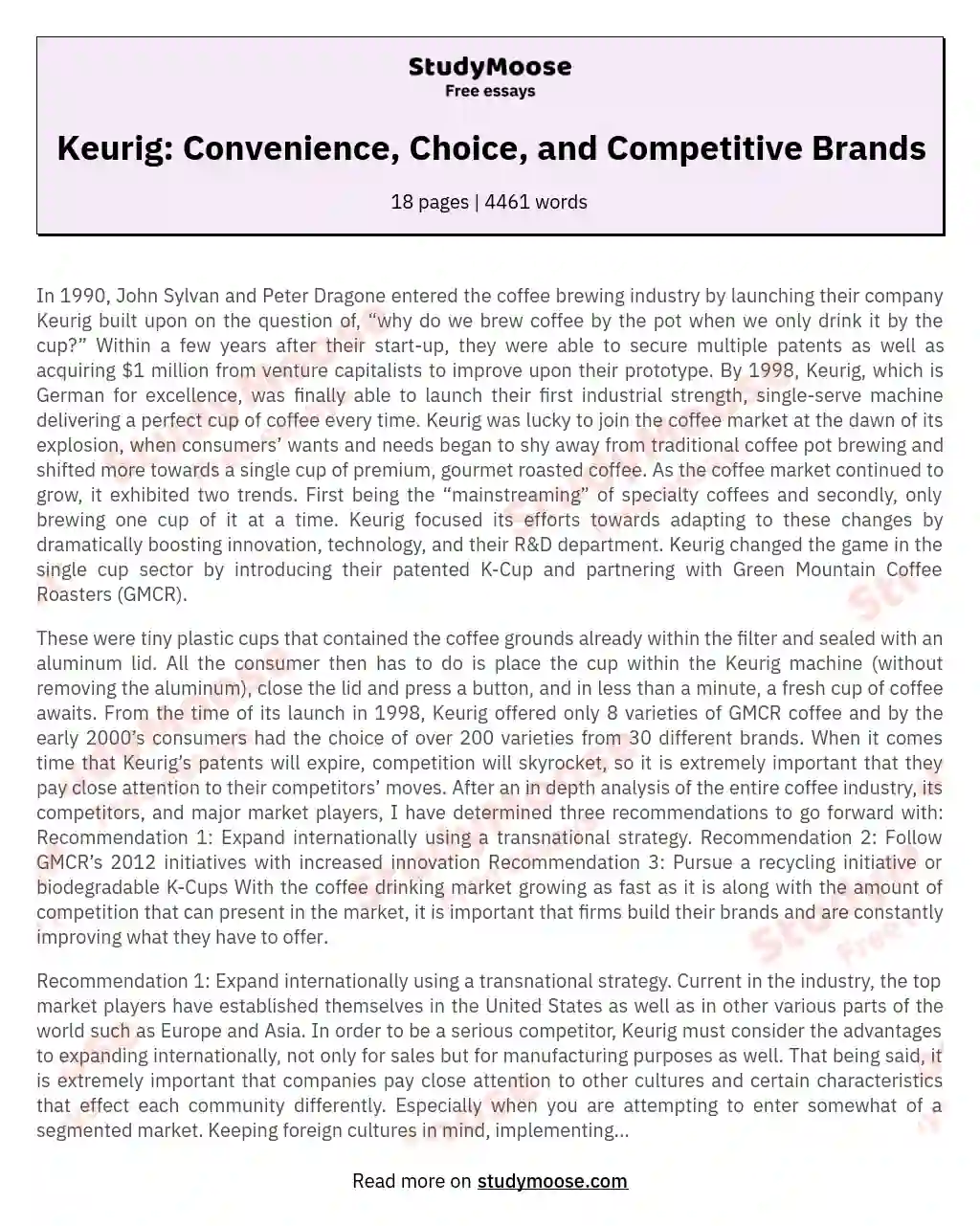 Keurig: Convenience, Choice, and Competitive Brands essay