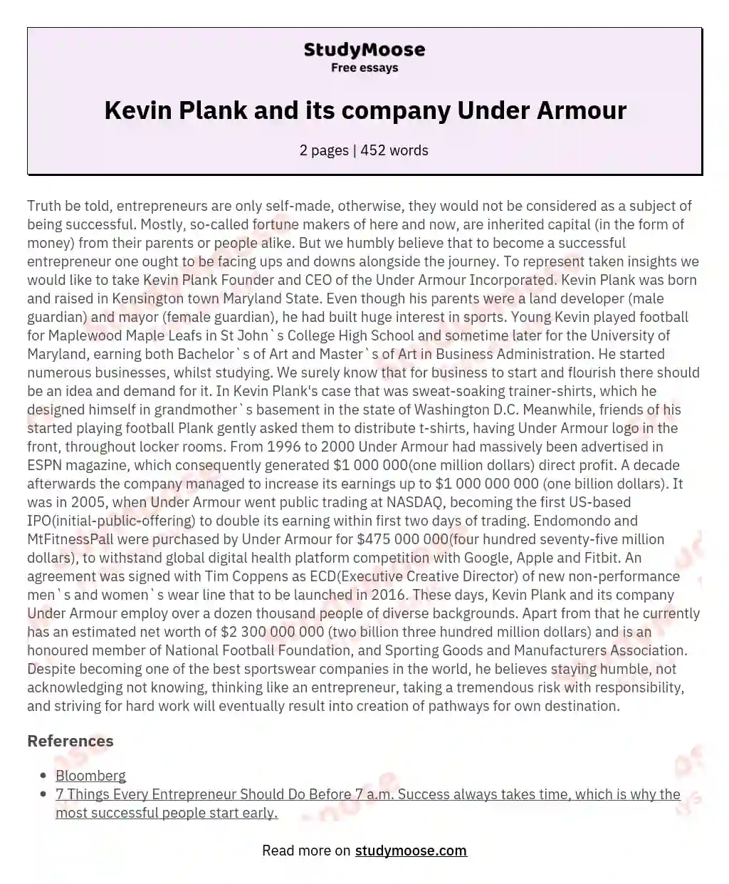 Kevin Plank and its company Under Armour essay