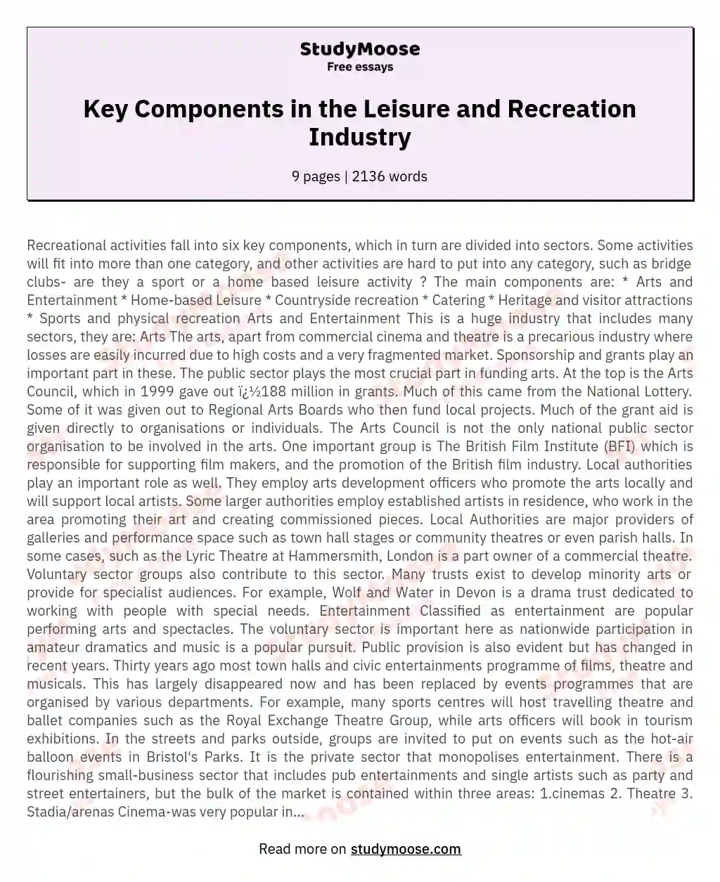 Key Components in the Leisure and Recreation Industry essay