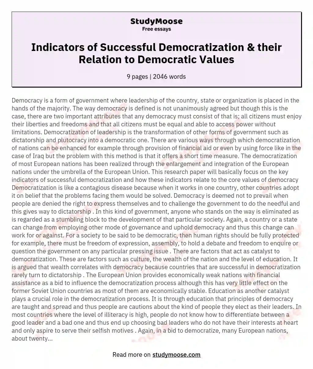 Indicators of Successful Democratization & their Relation to Democratic Values essay