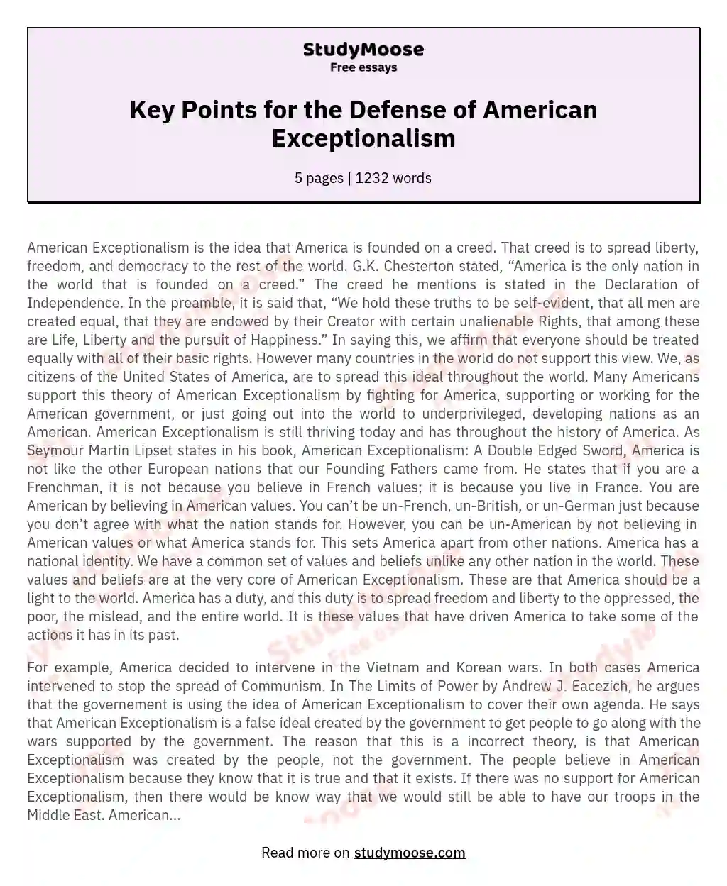 Key Points for the Defense of American Exceptionalism essay