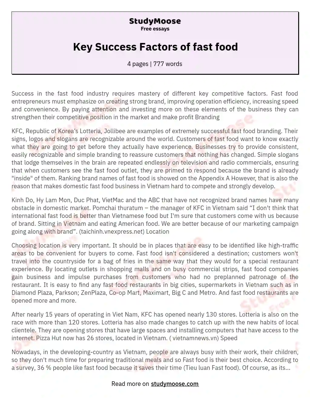 Key Success Factors of fast food