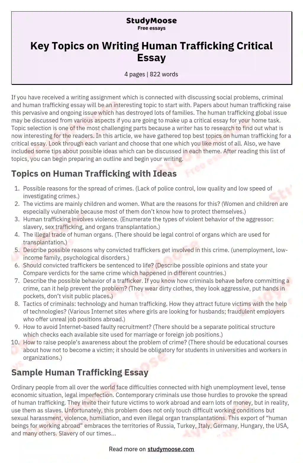 Key Topics on Writing Human Trafficking Critical Essay essay