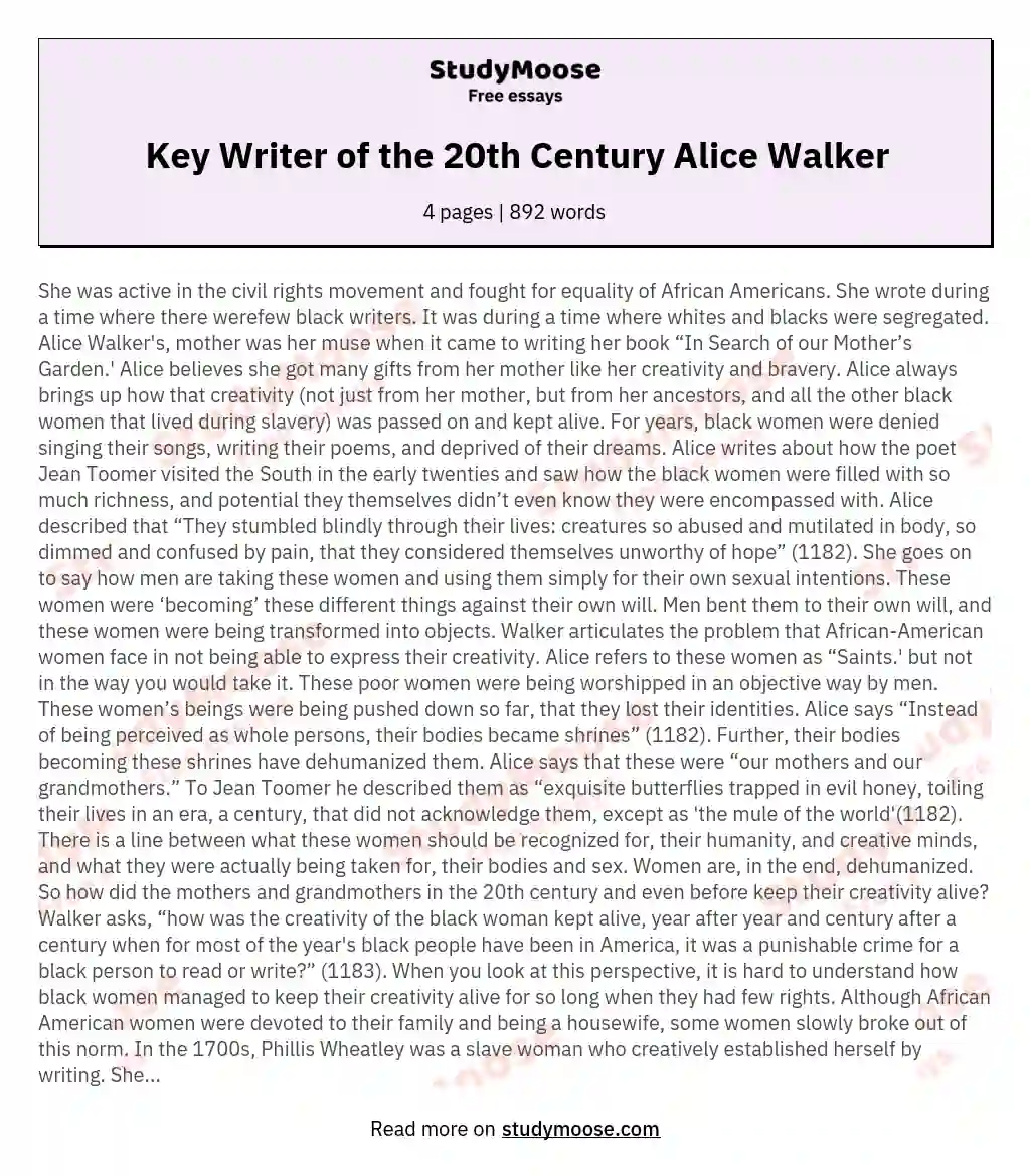 Key Writer of the 20th Century Alice Walker essay