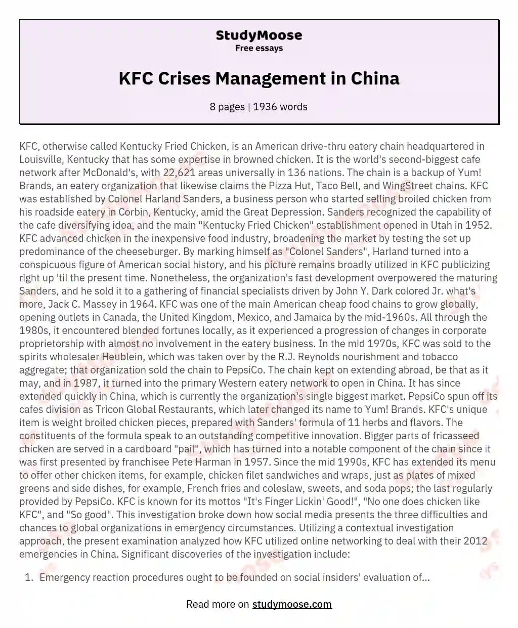 KFC Crises Management in China essay
