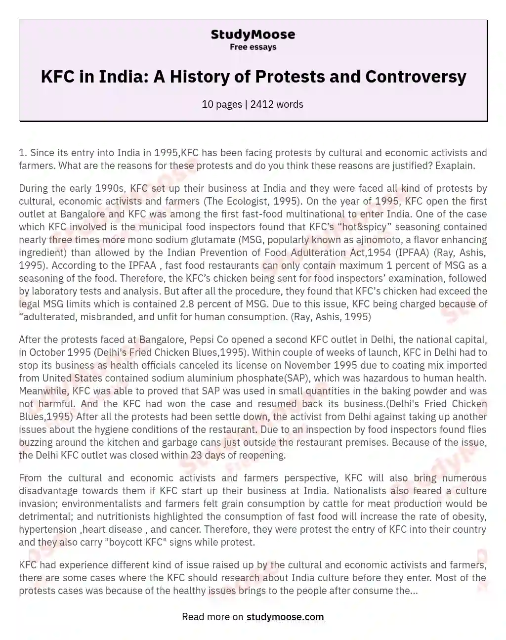 KFC in India: A History of Protests and Controversy essay