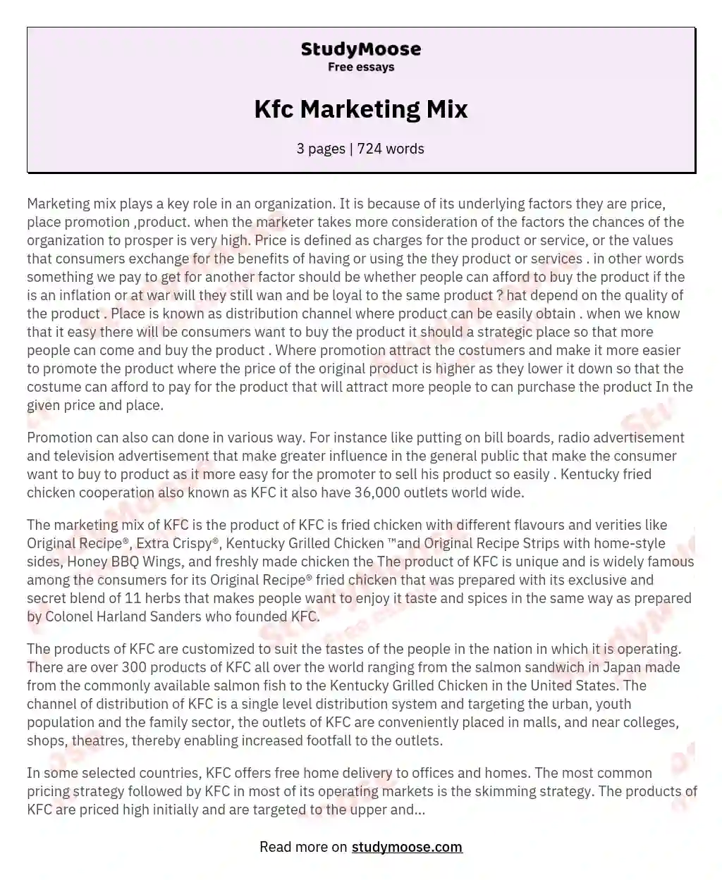 Kfc Marketing Mix essay