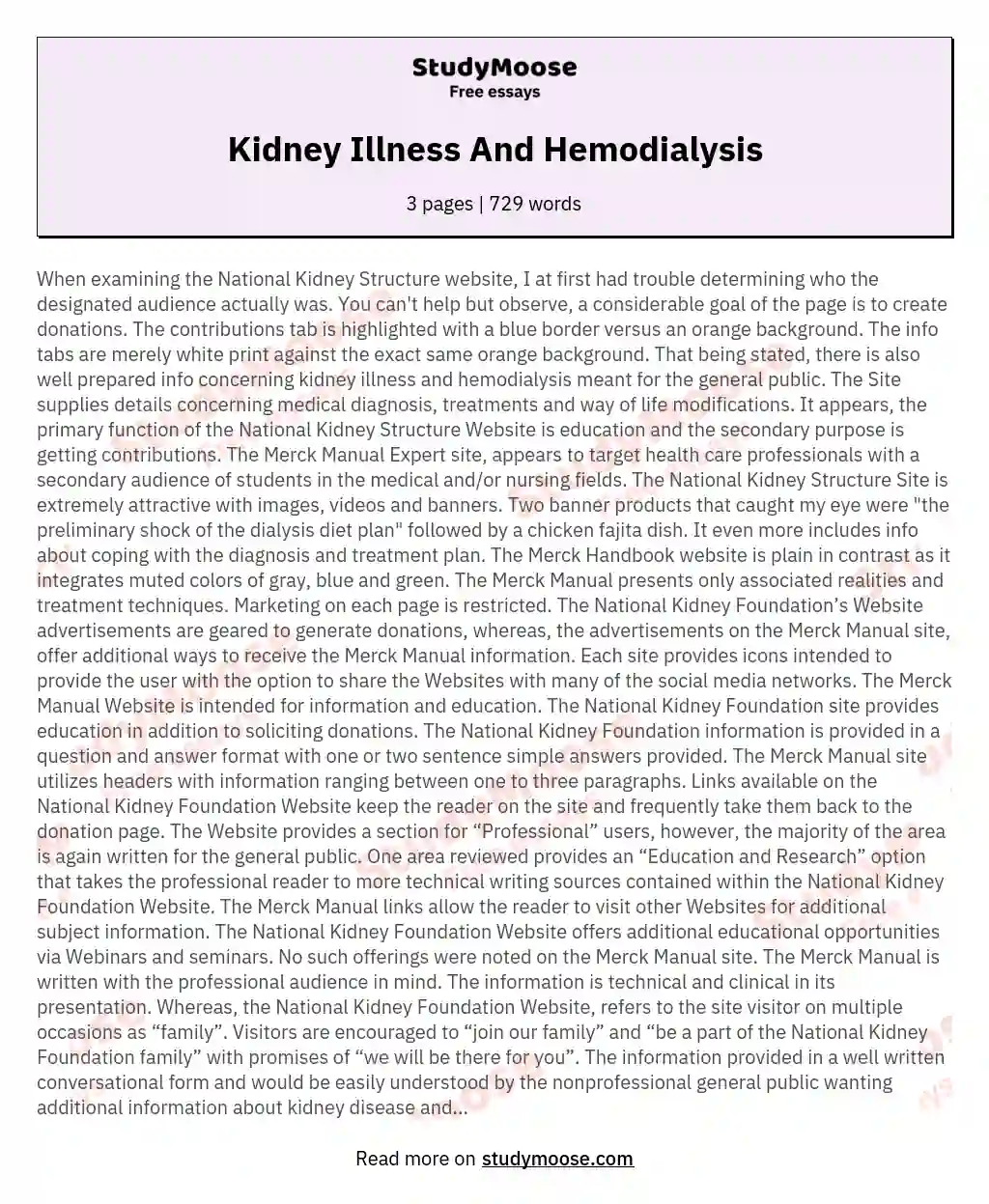 Kidney Illness And Hemodialysis essay