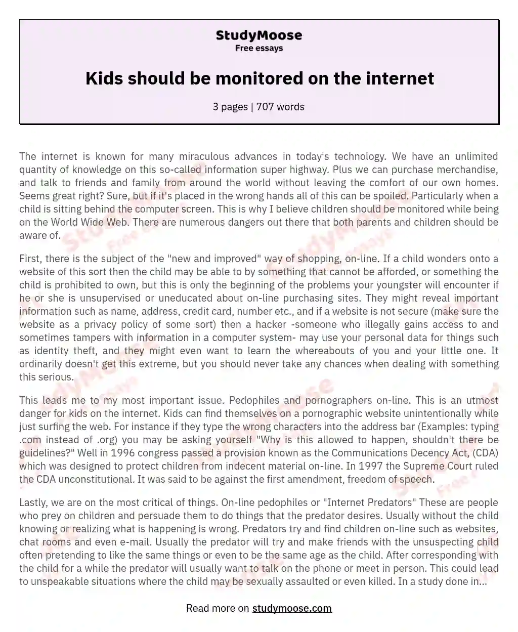 Kids should be monitored on the internet essay