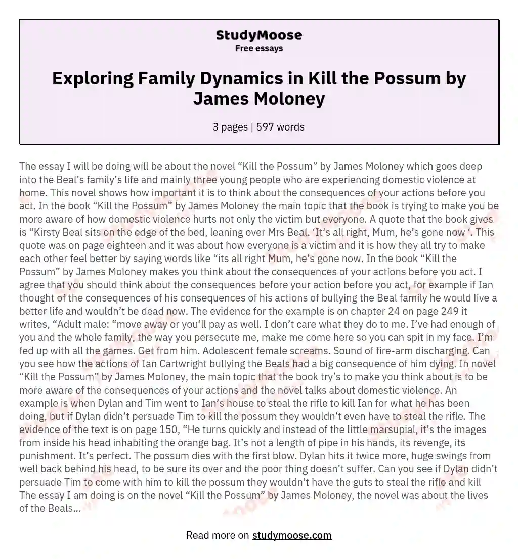 Exploring Family Dynamics in Kill the Possum by James Moloney essay