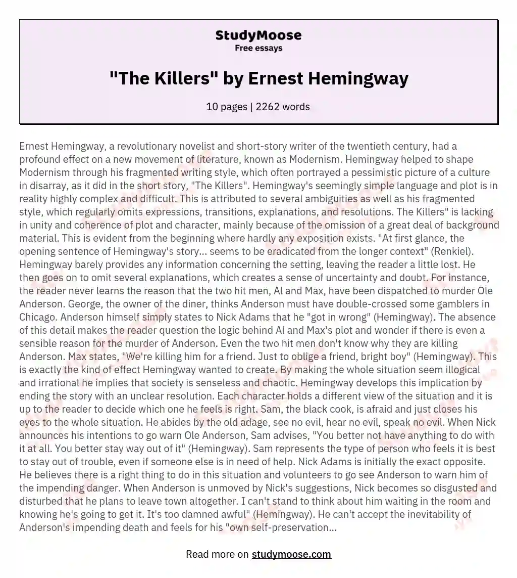"The Killers" by Ernest Hemingway essay