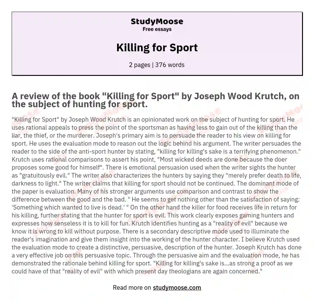 Killing for Sport essay