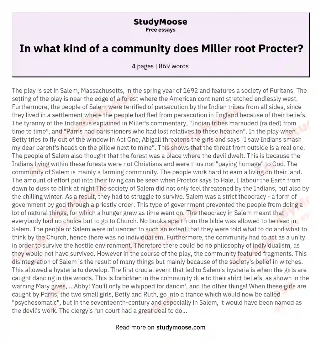 In what kind of a community does Miller root Procter? essay