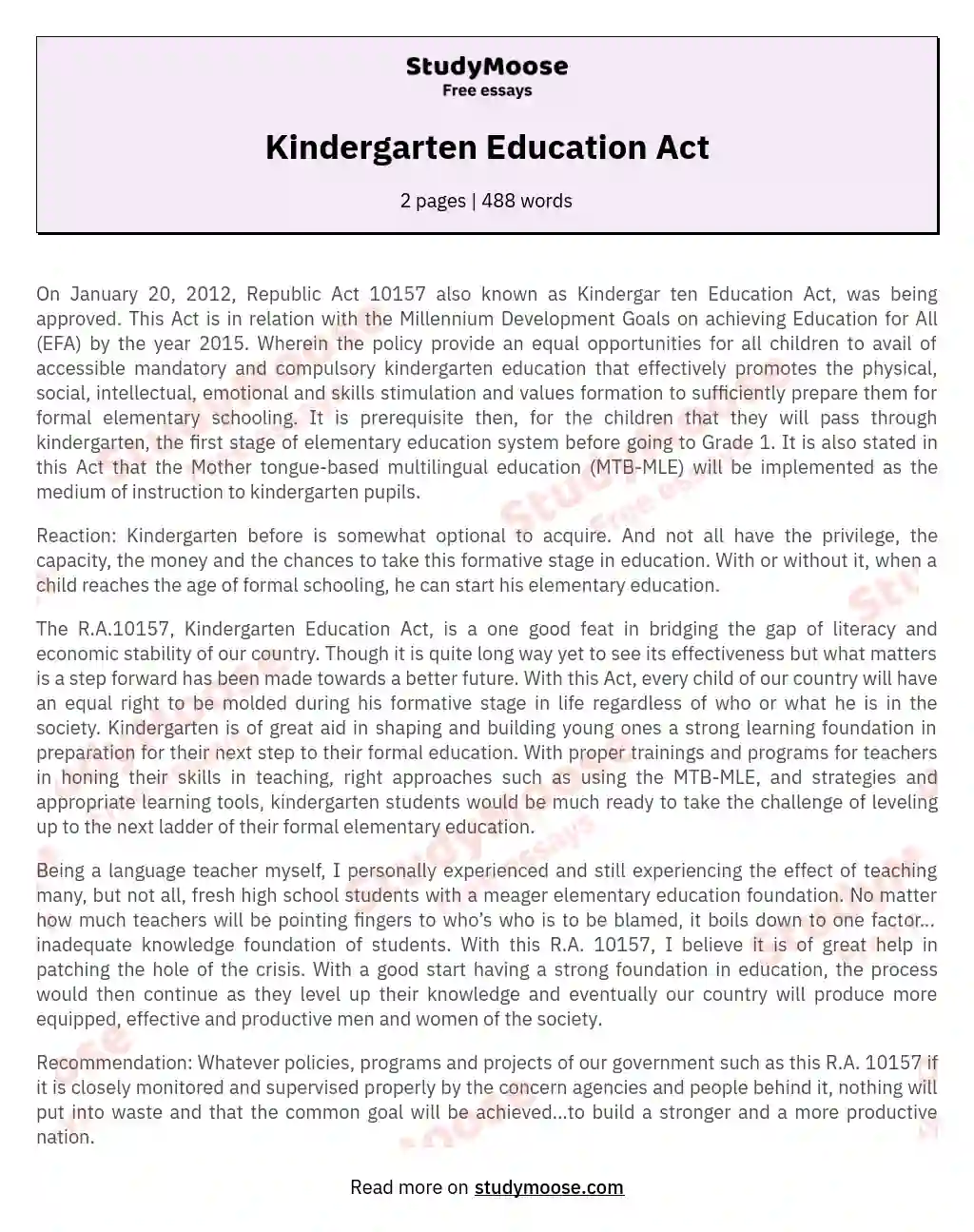 Kindergarten Education Act essay