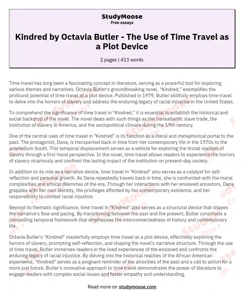 Kindred by Octavia Butler - The Use of Time Travel as a Plot Device essay