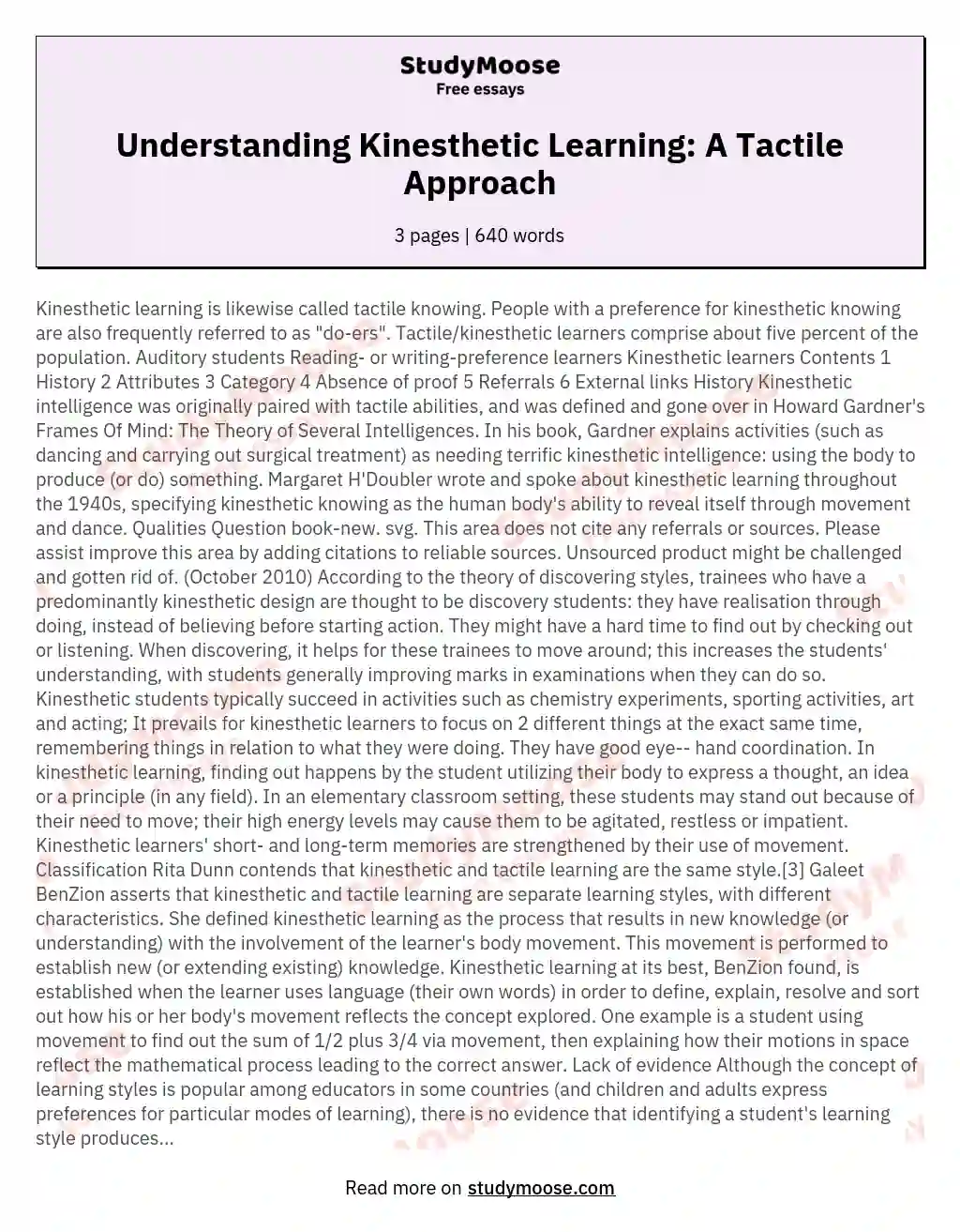 Understanding Kinesthetic Learning: A Tactile Approach essay