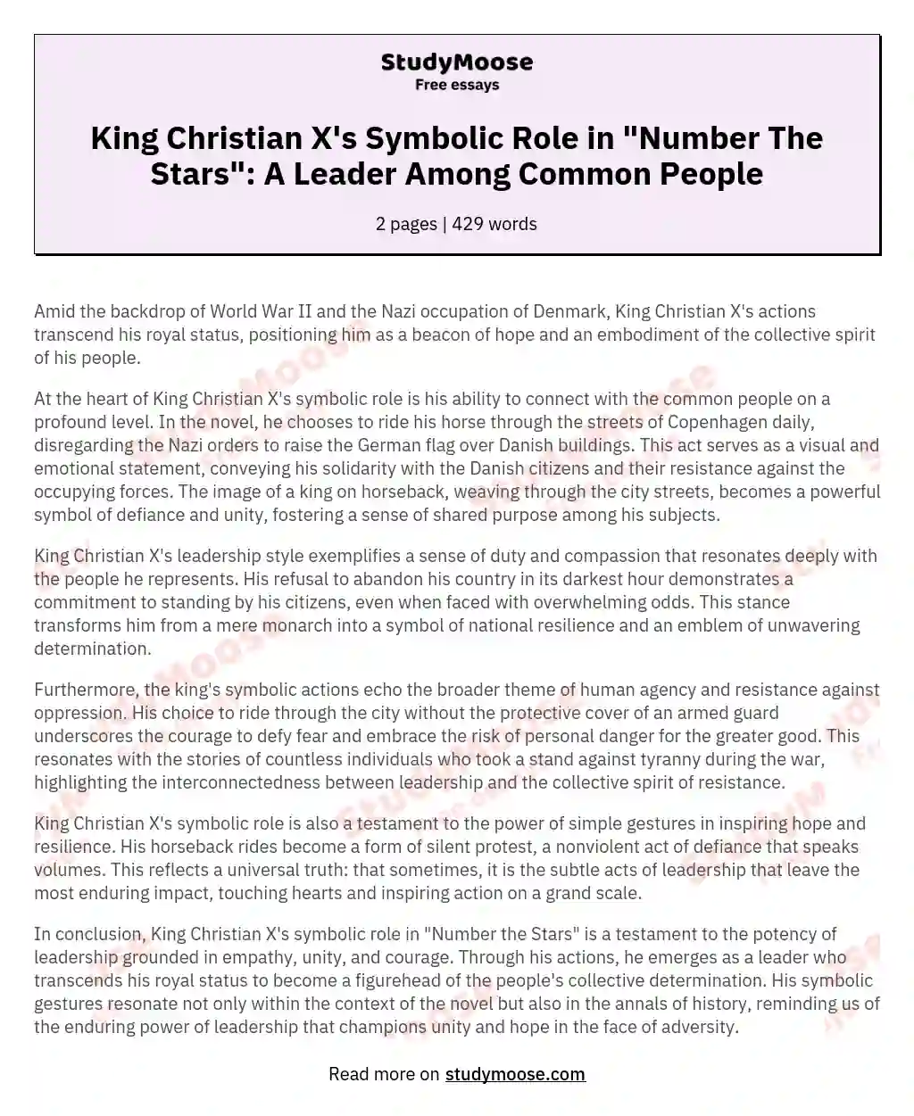 King Christian X's Symbolic Role in "Number The Stars": A Leader Among Common People essay
