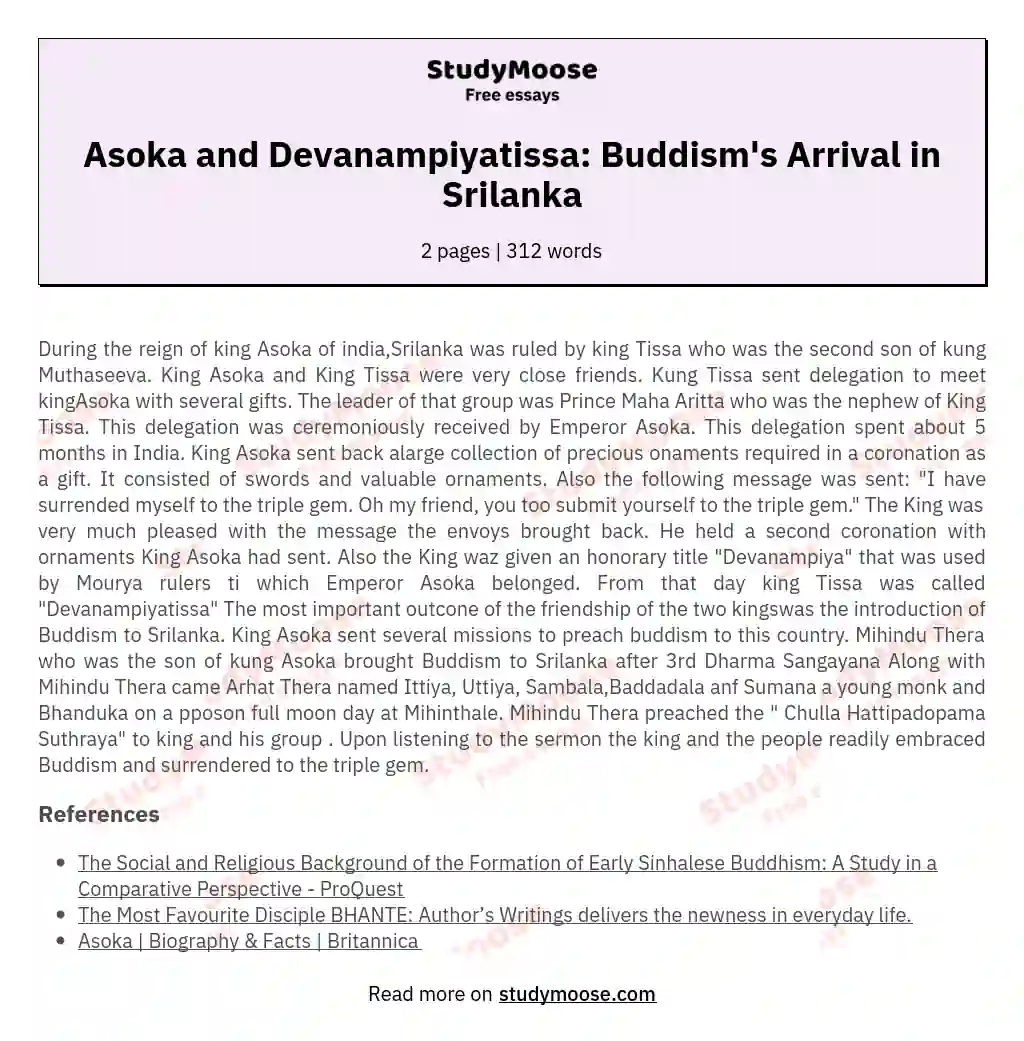 Asoka and Devanampiyatissa: Buddism's Arrival in Srilanka essay