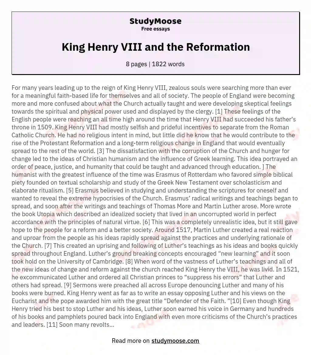 King Henry VIII and the Reformation essay
