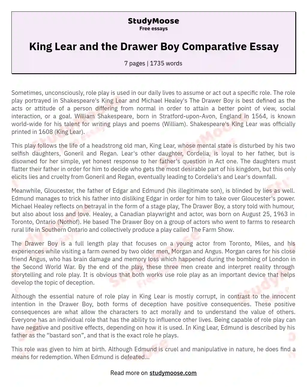 King Lear and the Drawer Boy Comparative Essay essay