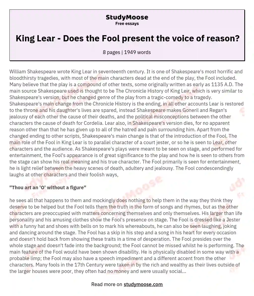 King Lear - Does the Fool present the voice of reason? essay