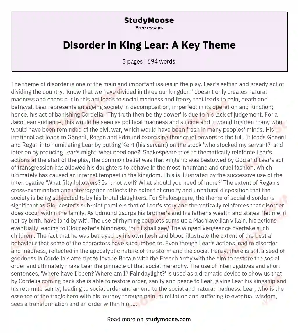 King Lear: The theme of disorder is one of the main and important issues in the play