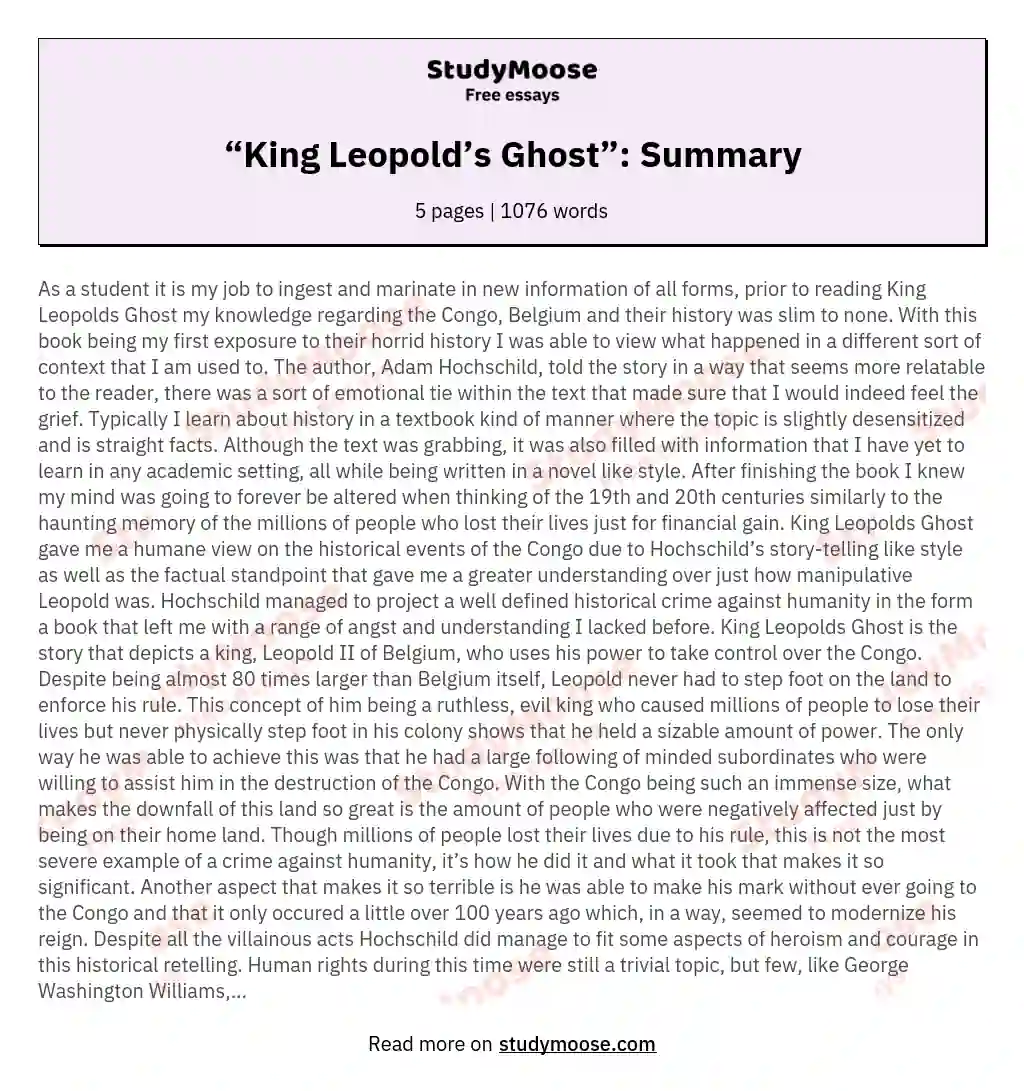 “King Leopold’s Ghost”: Summary essay