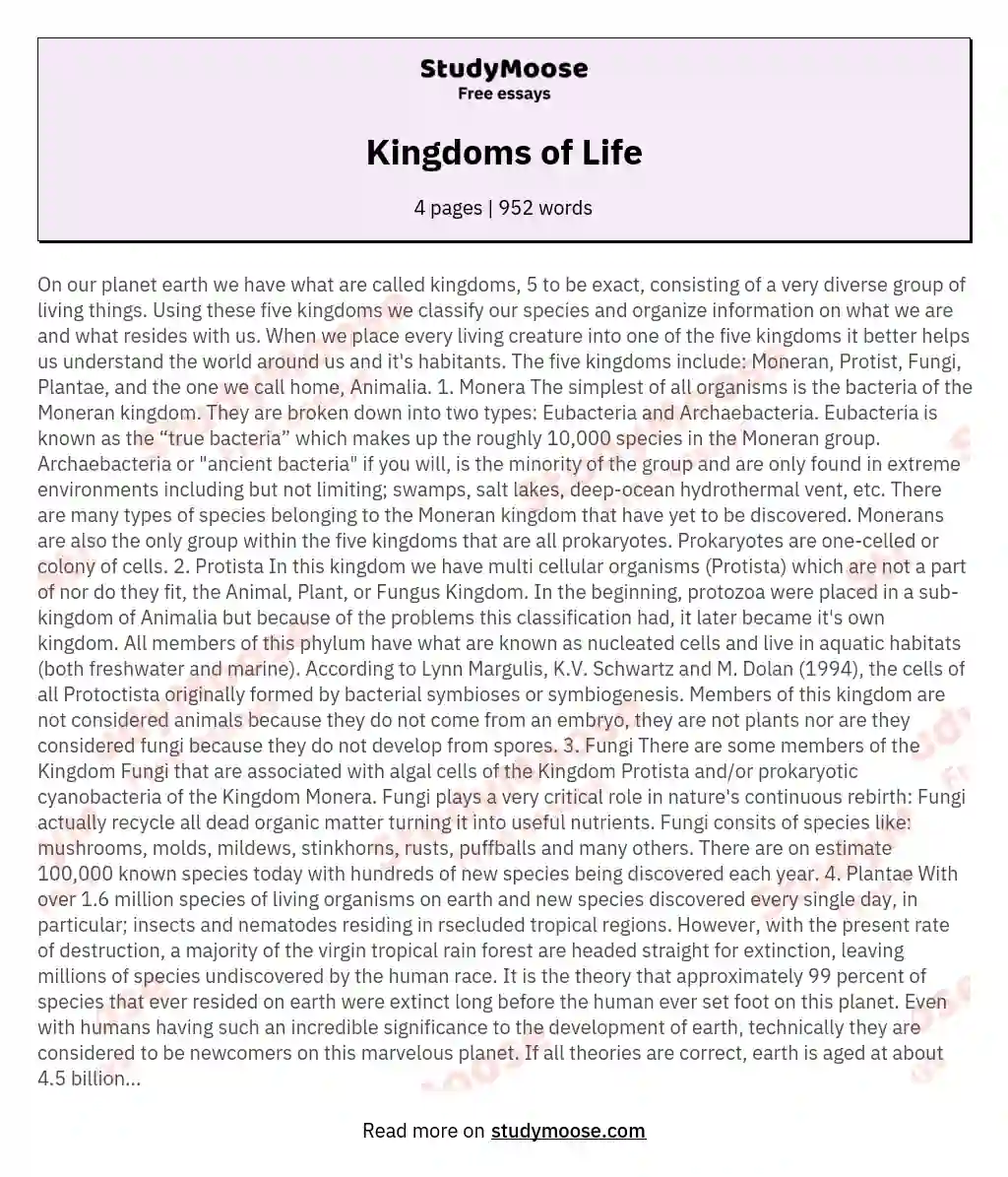 Kingdoms of Life essay