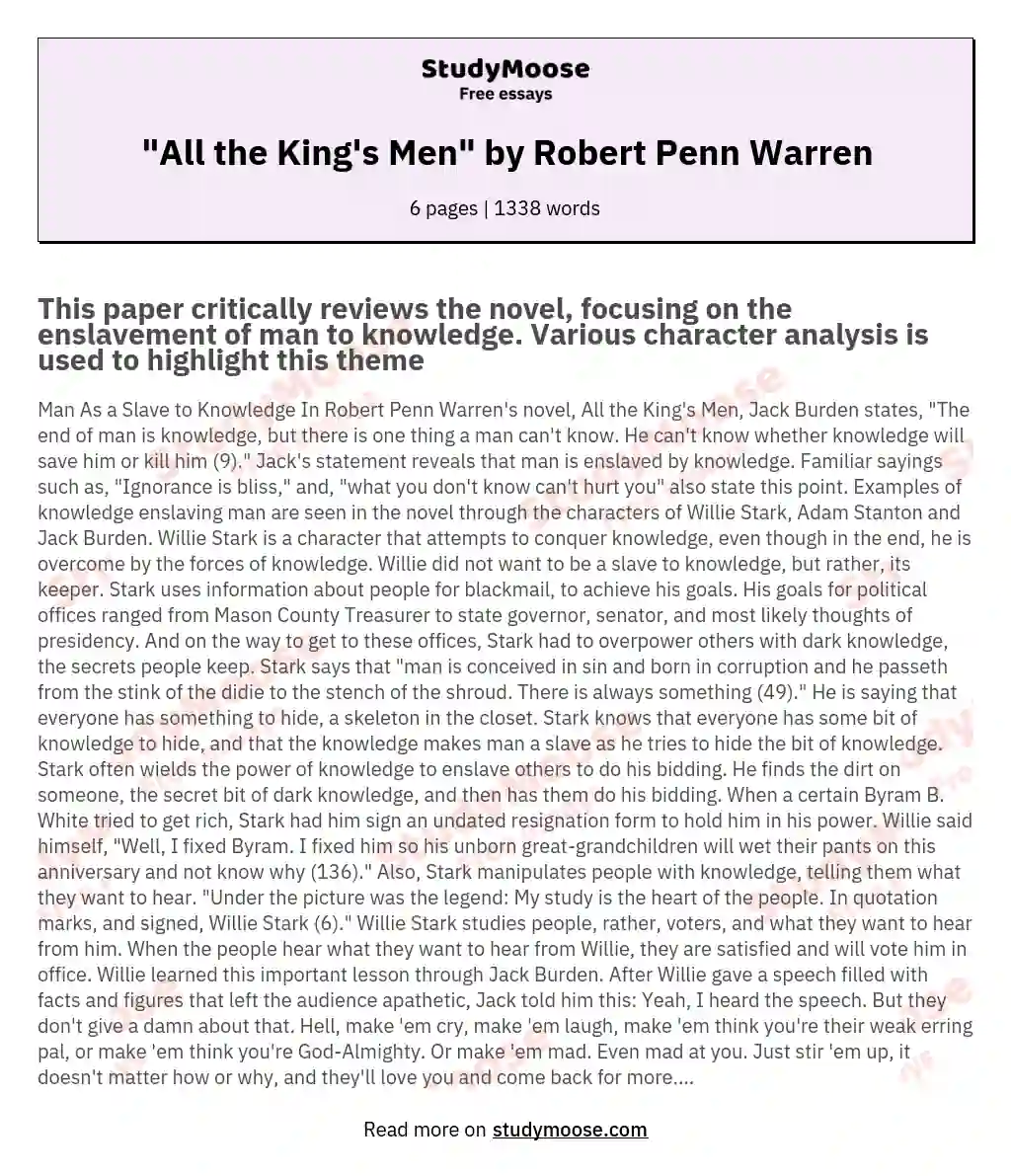 "All the King's Men" by Robert Penn Warren essay