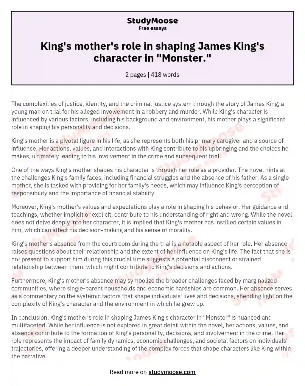 King's mother's role in shaping James King's character in "Monster." essay