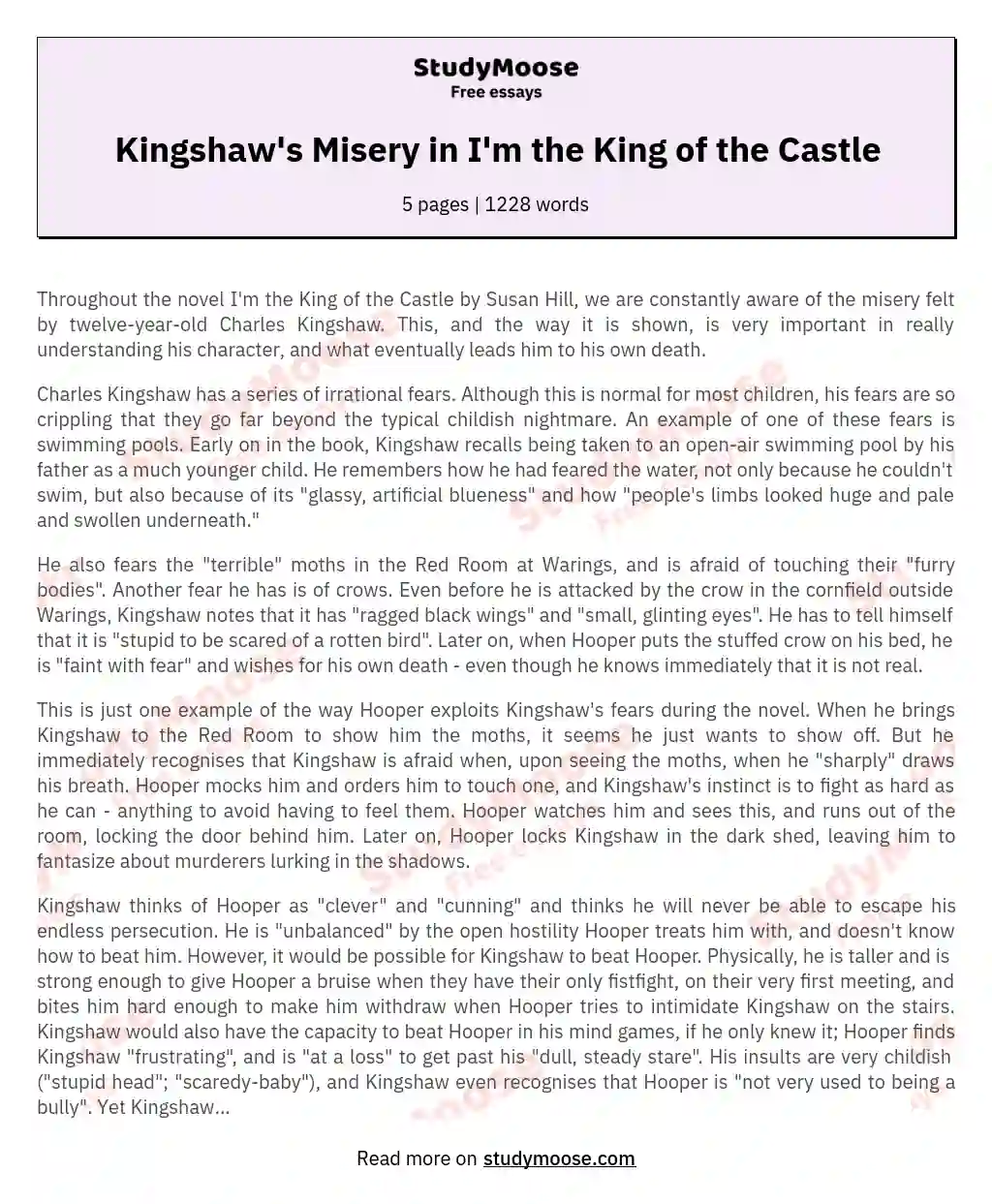 Kingshaw's Misery in I'm the King of the Castle Free Essay Example