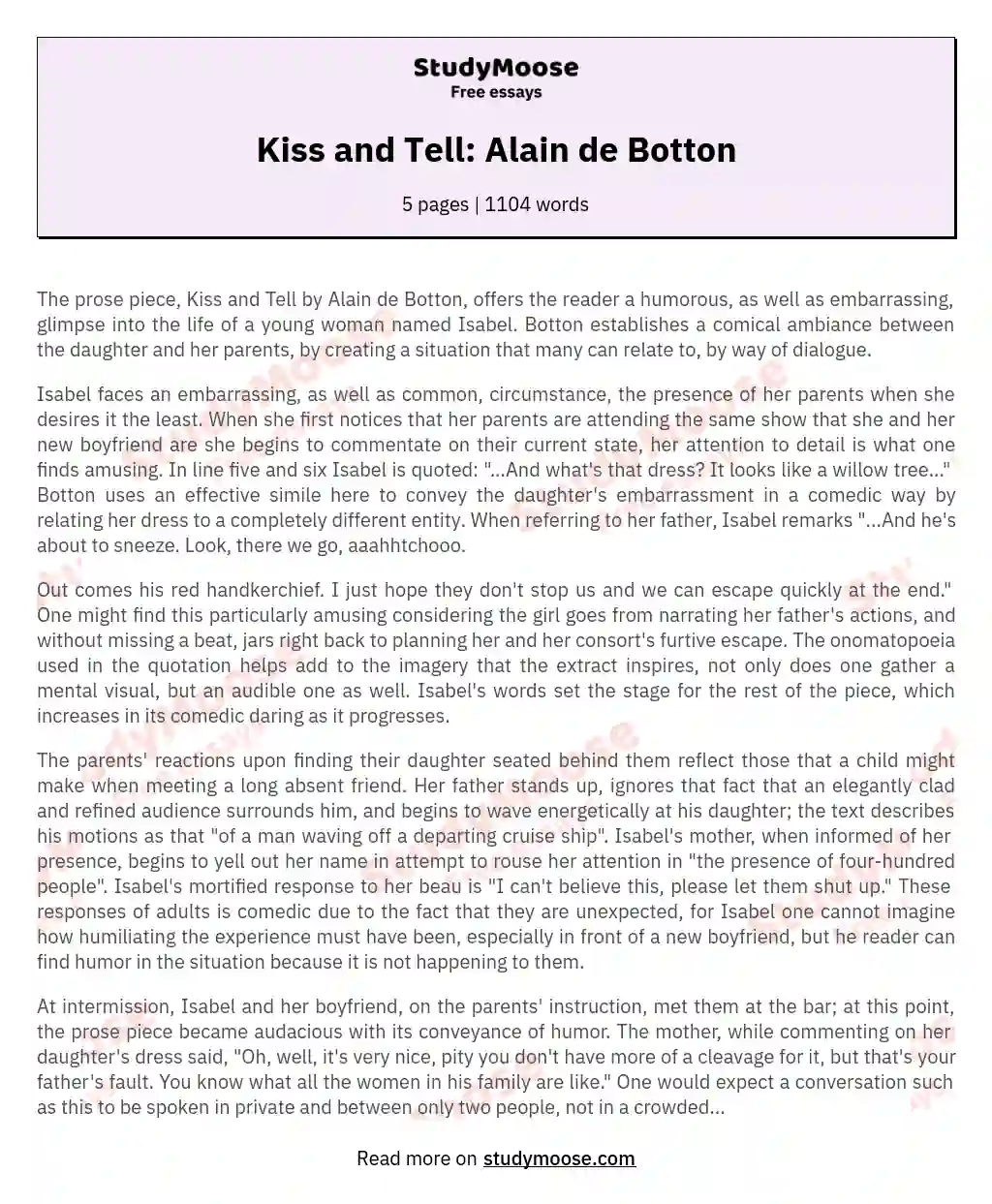 Kiss and Tell: Alain de Botton essay